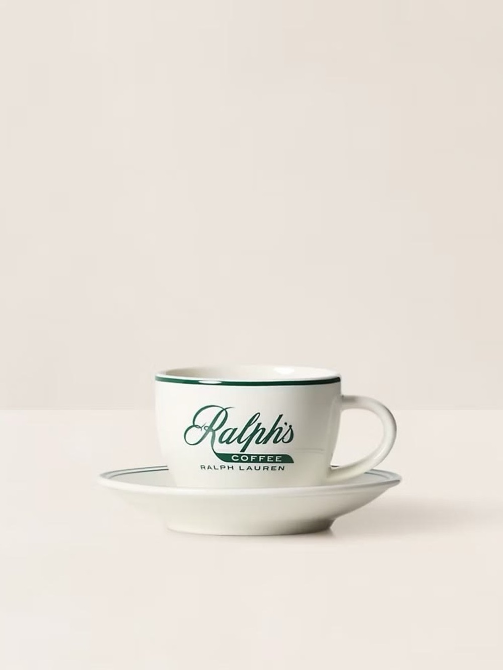 Ralph Lauren White Ceramic Cup & Saucer with Dark Green Logo